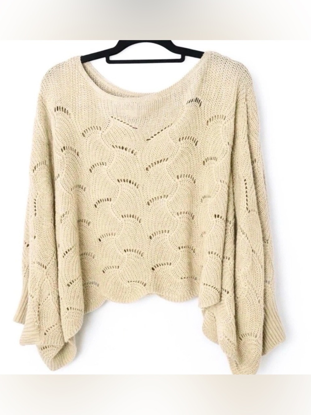 moon & madison Anthropologie Open-Knit Scallop-Hem Sw|leater in Cream